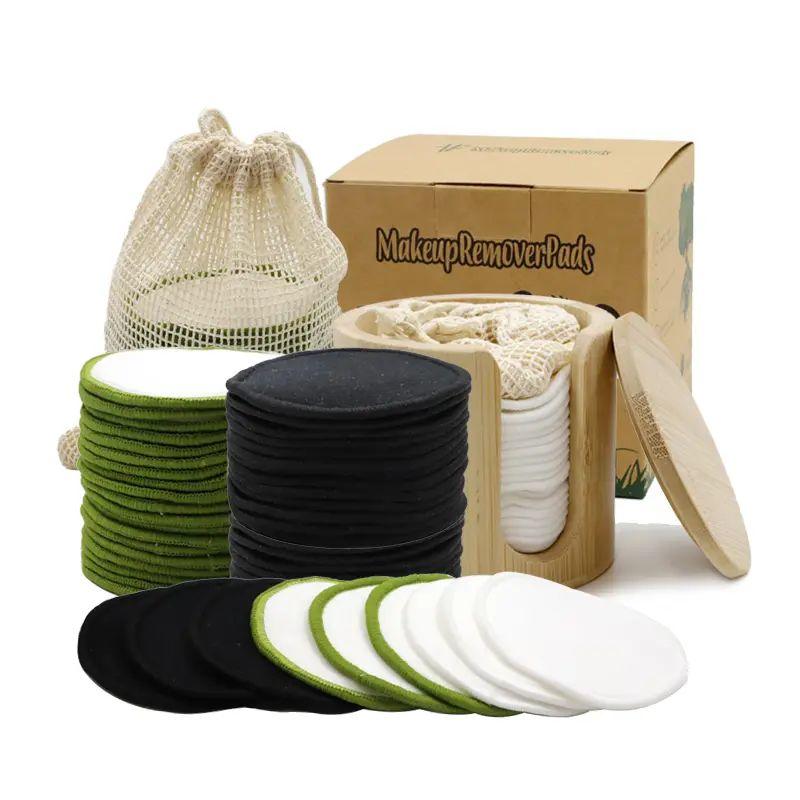 Kulatý odstraňovač make-upu z bambusu a bavlny s tkanou páskou a bambusovou kulatou krabičkou